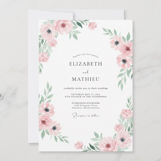 Convites Casamento de Ranunculus de Eucalipto Rosa Pálido (Frente)