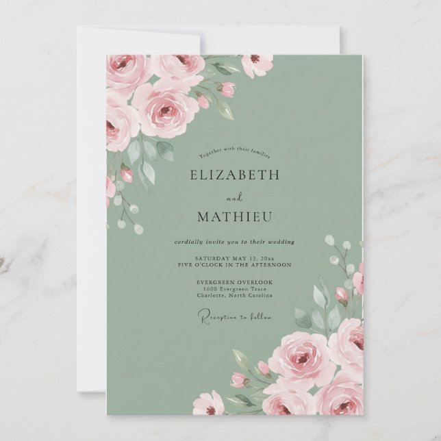 Convites Casamento de Ranunculus de Eucalipto Rosa Suave (Frente)