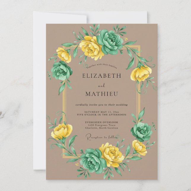 Convites Casamento de Ranunculus de Hortelã Amarelo e Eucal (Frente)