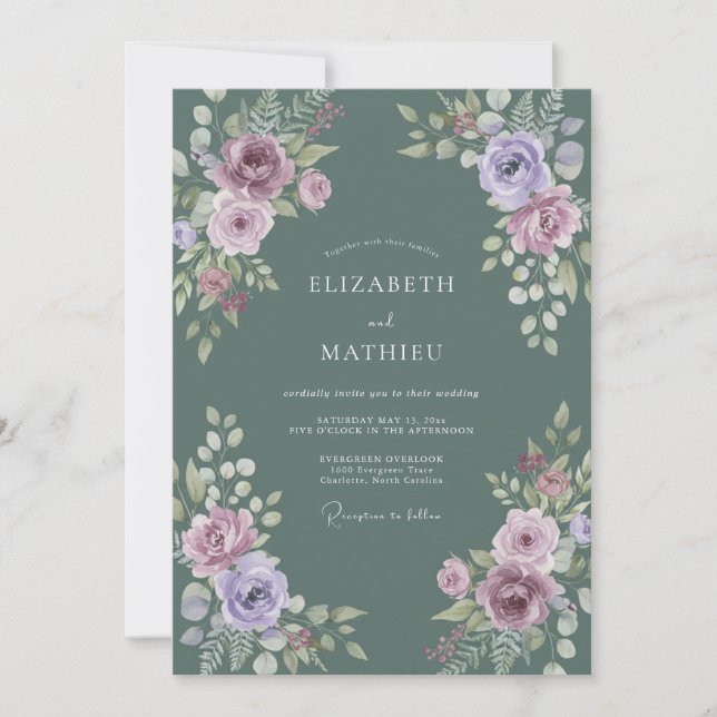 Convites Casamento de Ranunculus de Lavanda em Ardósia com  (Frente)