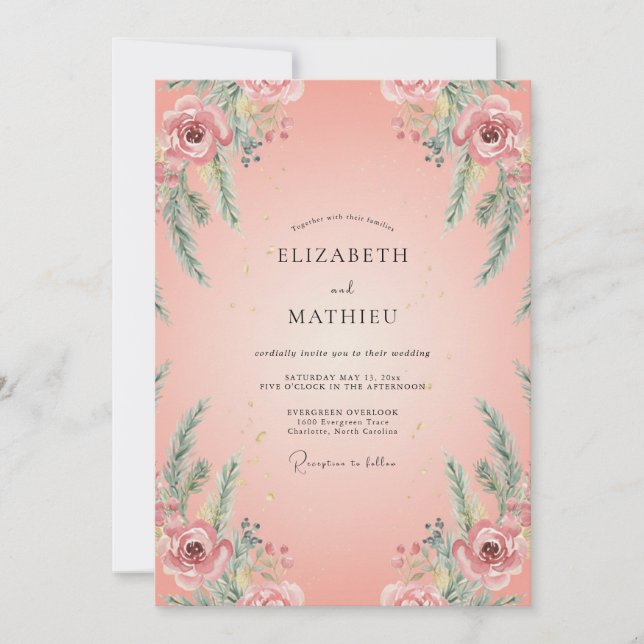 Convites Casamento de Ranunculus de Salmão com Folhagem de  (Frente)
