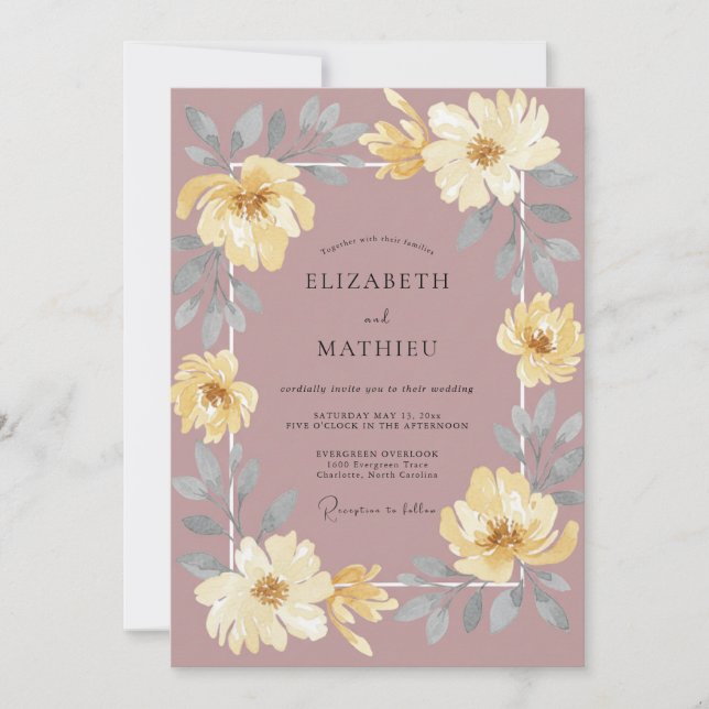 Convites Casamento de Ranunculus e Eucalipto em Mauve Suave (Frente)