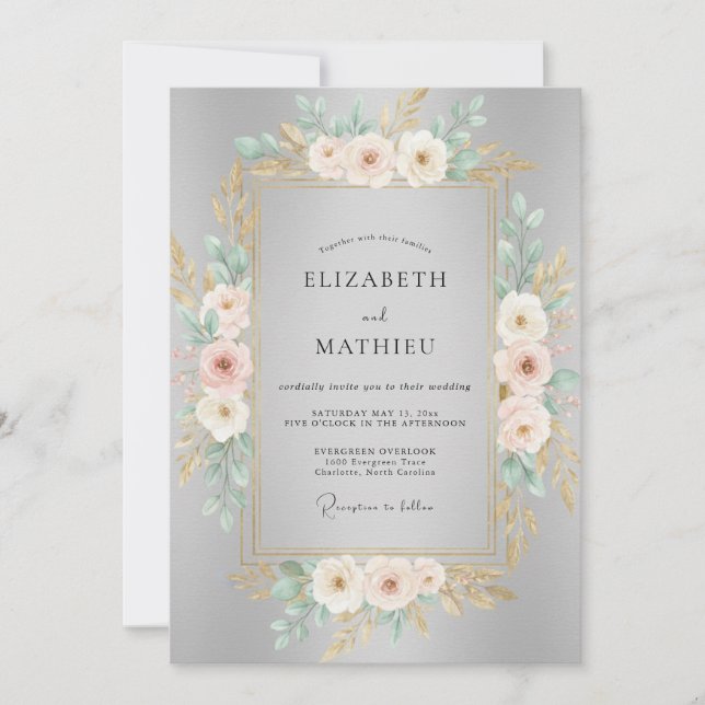 Convites Casamento de Ranunculus e Eucalipto Rosa com Brilh (Frente)