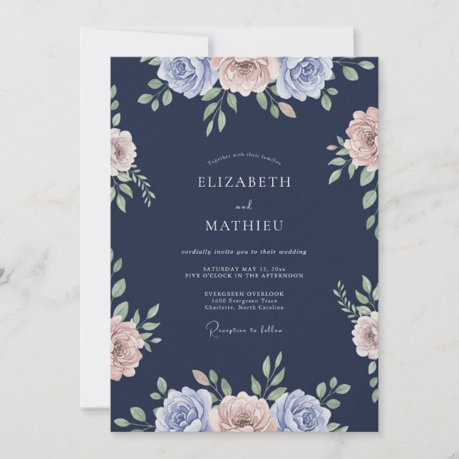 Convites Casamento de Ranunculus Eucalipto à Meia-Noite (Frente)