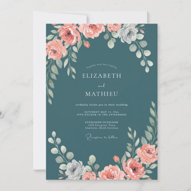 Convites Casamento de Ranunculus Eucalipto Aço Pêssego (Frente)