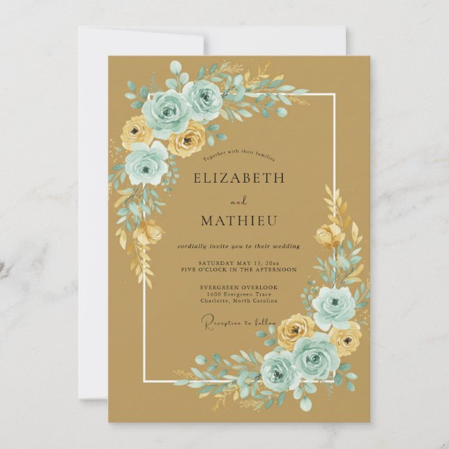 Convites Casamento de Ranunculus Eucalipto Água Dourada (Frente)