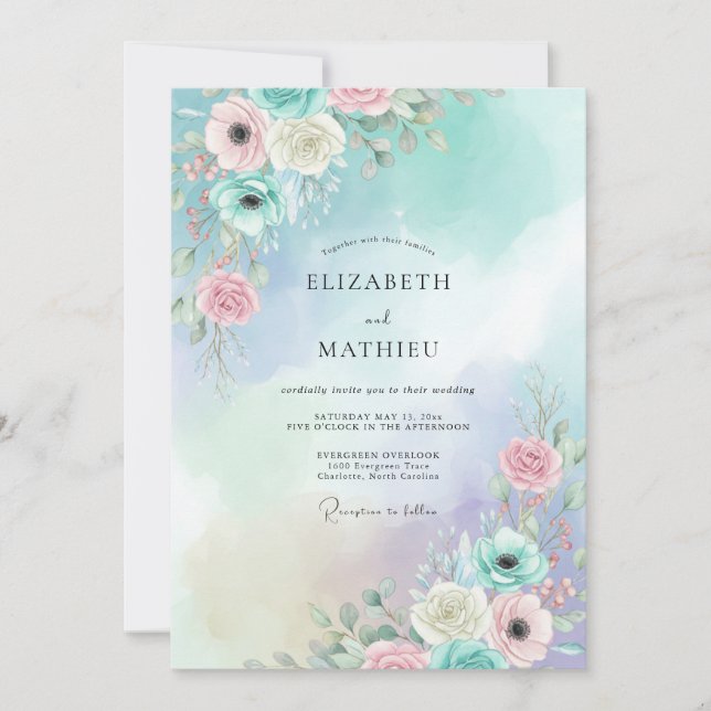 Convites Casamento de Ranunculus Eucalipto Água Pêssego (Frente)