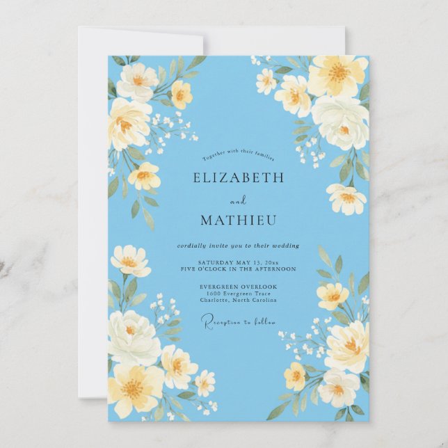 Convites Casamento de Ranunculus Eucalipto Amarelo Céu (Frente)