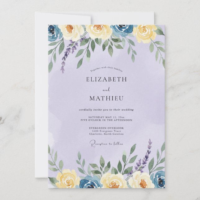 Convites Casamento de Ranunculus Eucalipto Amarelo e Violet (Frente)