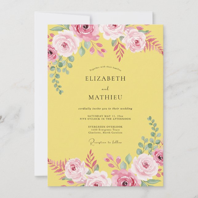 Convites Casamento de Ranunculus Eucalipto Amarelo Ensolara (Frente)