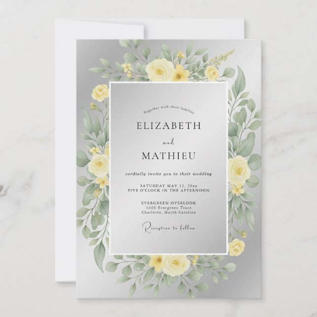 Convites Casamento de Ranunculus Eucalipto Amarelo Prata (Frente)