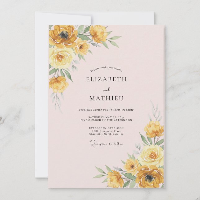 Convites Casamento de Ranunculus Eucalipto Amarelo Rosa Sua (Frente)