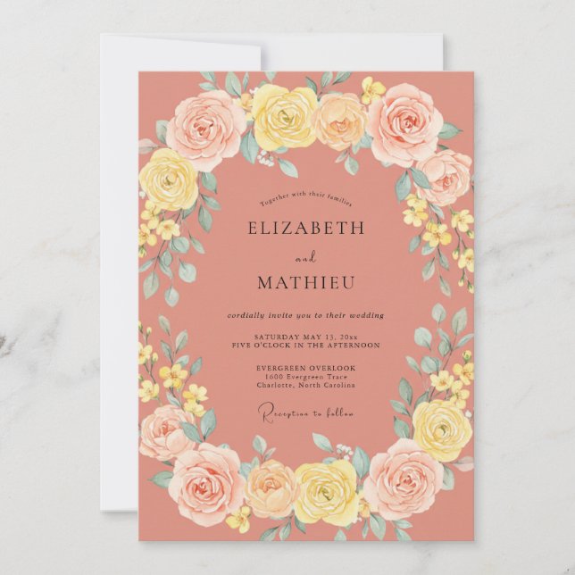 Convites Casamento de Ranunculus Eucalipto Amarelo Terracot (Frente)