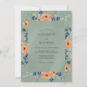 Convites Casamento de Ranunculus Eucalipto Apricot Navy