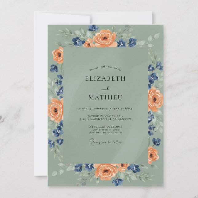 Convites Casamento de Ranunculus Eucalipto Apricot Navy (Frente)