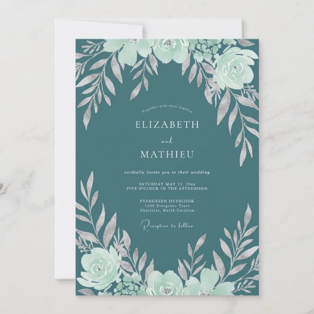Convites Casamento de Ranunculus Eucalipto Aqua Escuro (Frente)