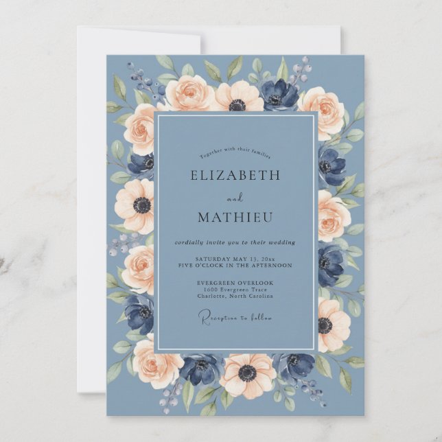 Convites Casamento de Ranunculus Eucalipto Azul Aço Marinho (Frente)