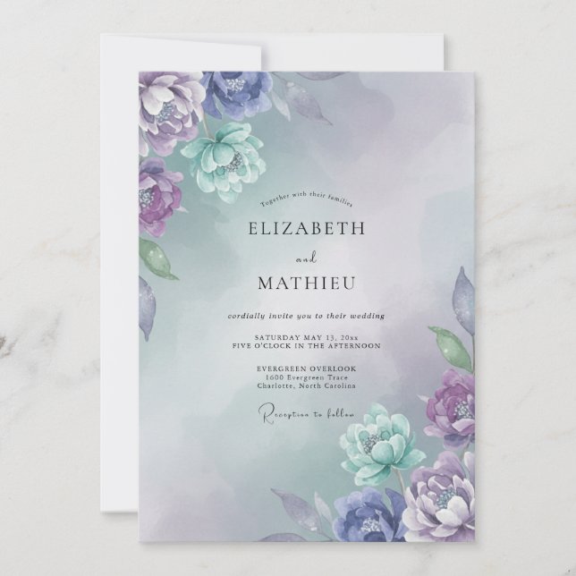 Convites Casamento de Ranunculus Eucalipto Azul Aquamarinho (Frente)