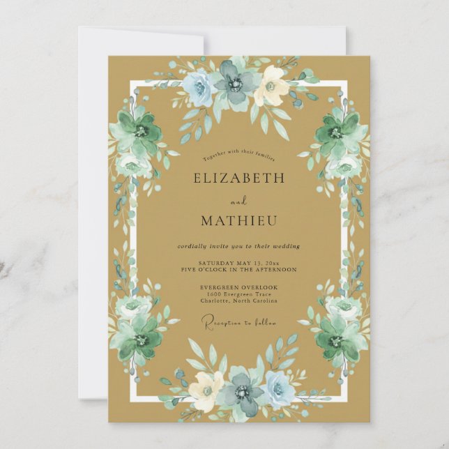 Convites Casamento de Ranunculus Eucalipto Azul Dourado (Frente)