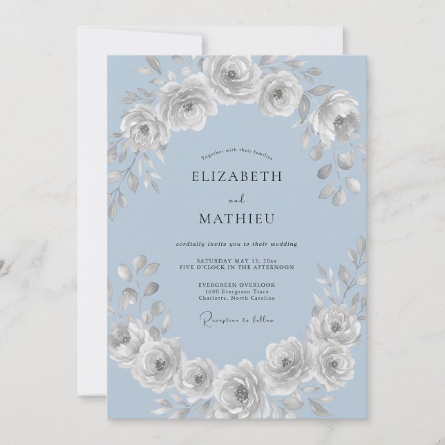 Convites Casamento de Ranunculus Eucalipto Azul Geado (Frente)