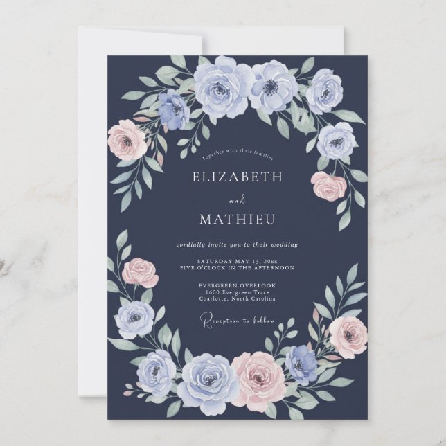 Convites Casamento de Ranunculus Eucalipto Azul-Marinho Per (Frente)