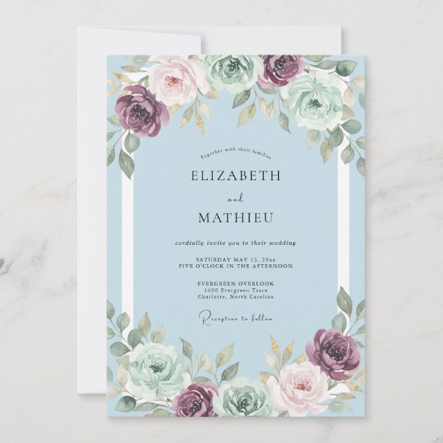Convites Casamento de Ranunculus Eucalipto Azul Pó (Frente)
