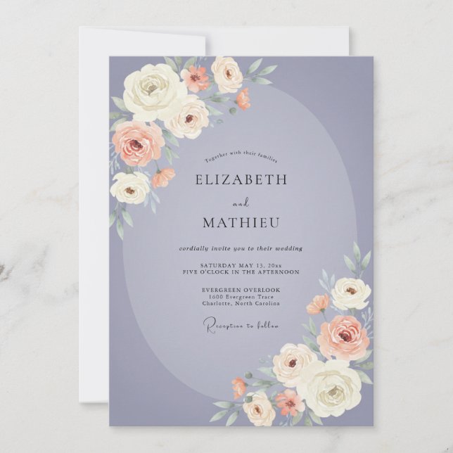 Convites Casamento de Ranunculus Eucalipto Azul-rosa Pêsseg (Frente)