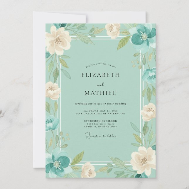 Convites Casamento de Ranunculus Eucalipto Azul Turquesa Me (Frente)