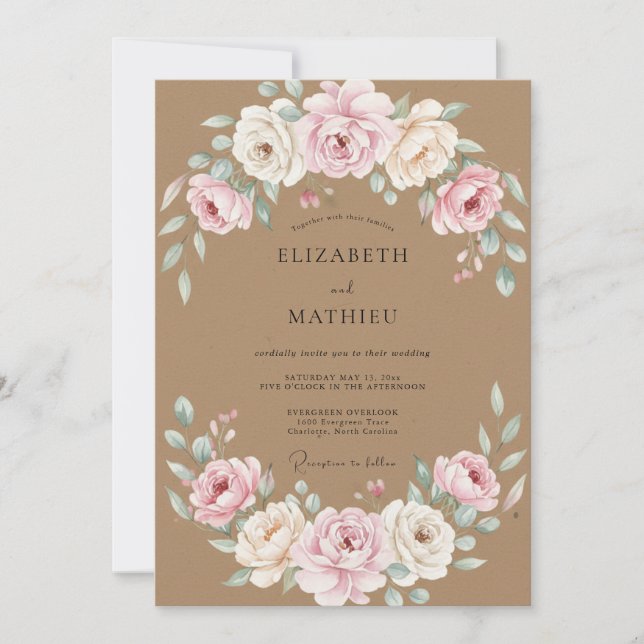 Convites Casamento de Ranunculus Eucalipto Bege (Frente)