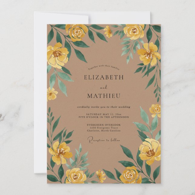 Convites Casamento de Ranunculus Eucalipto Bege Âmbar (Frente)
