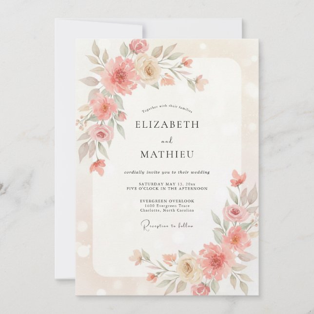 Convites Casamento de Ranunculus Eucalipto Bege Rosa (Frente)