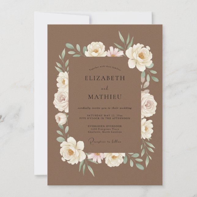 Convites Casamento de Ranunculus Eucalipto Branco Mocha (Frente)