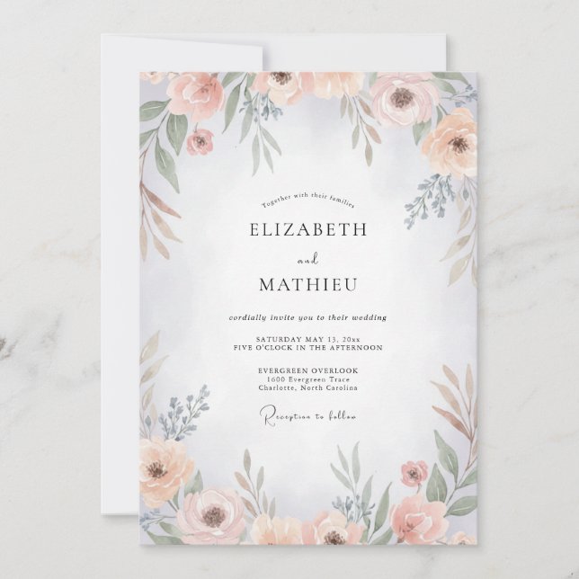 Convites Casamento de Ranunculus Eucalipto Céu Dourado (Frente)