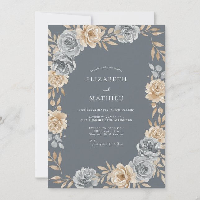 Convites Casamento de Ranunculus Eucalipto Champanhe Slate (Frente)
