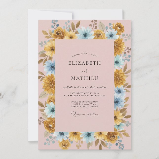Convites Casamento de Ranunculus Eucalipto Ciano Dourado (Frente)