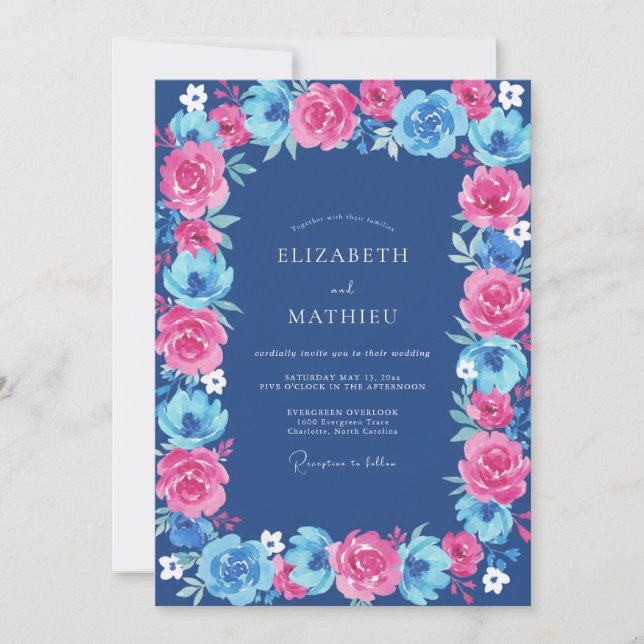 Convites Casamento de Ranunculus Eucalipto Cobalto Fúcsia (Frente)
