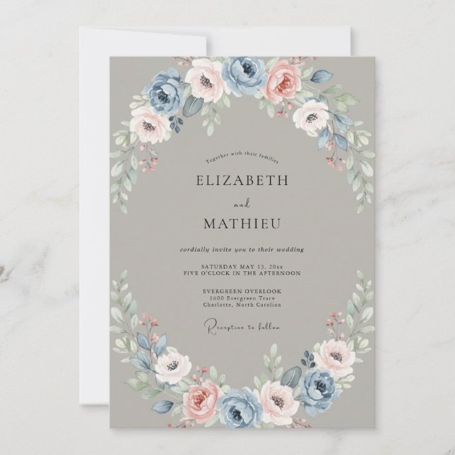 Convites Casamento de Ranunculus Eucalipto com Aço e Rubor (Frente)