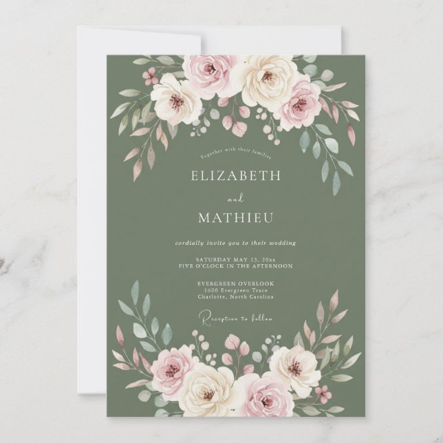 Convites Casamento de Ranunculus Eucalipto com Oliva Rosa S (Frente)