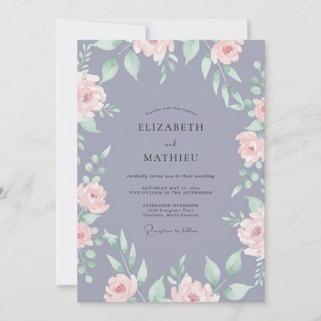 Convites Casamento de Ranunculus Eucalipto com Periwinkle E (Frente)