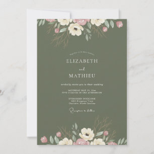 Convites Casamento de Ranunculus Eucalipto com Tom de Oliva