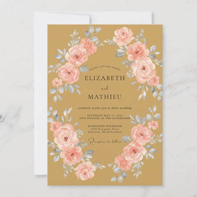 Convites Casamento de Ranunculus Eucalipto Coral Dourado (Frente)