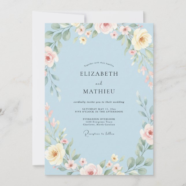 Convites Casamento de Ranunculus Eucalipto Creme Centáurea (Frente)