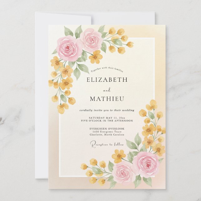Convites Casamento de Ranunculus Eucalipto Creme Dourado (Frente)