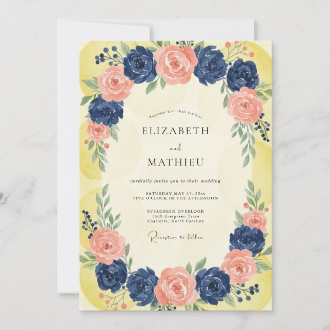 Convites Casamento de Ranunculus Eucalipto Damasco Cobalto (Frente)