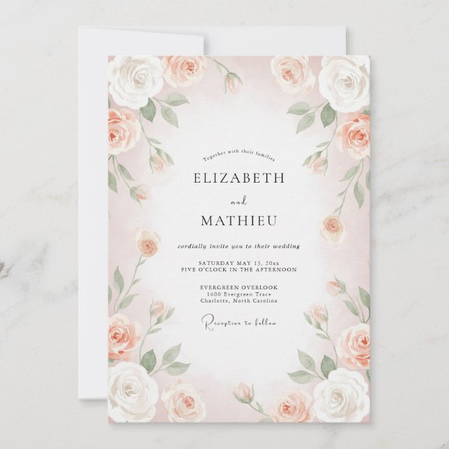 Convites Casamento de Ranunculus Eucalipto Damasco Rosado (Frente)