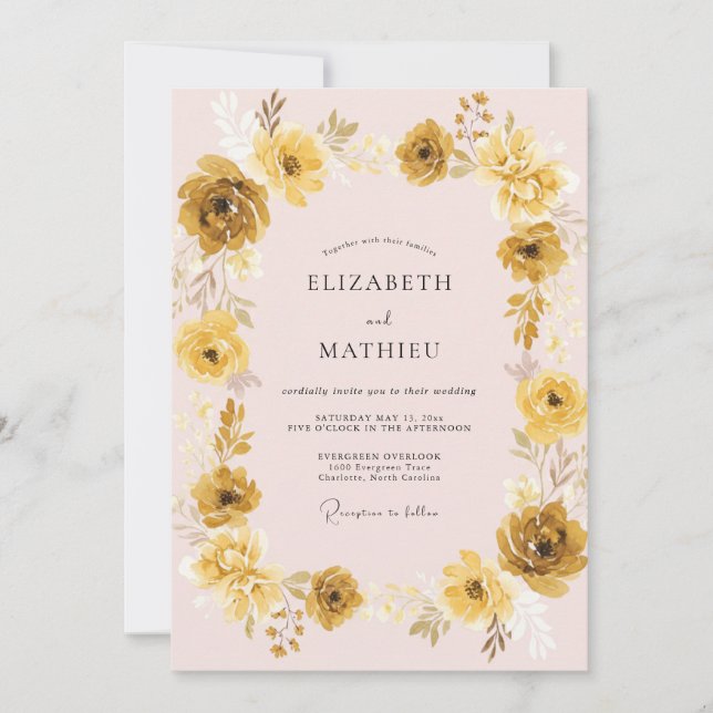 Convites Casamento de Ranunculus Eucalipto Dourado Rosado (Frente)
