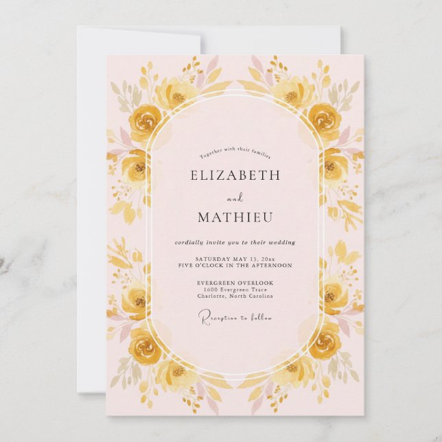 Convites Casamento de Ranunculus Eucalipto Dourado Rosado (Frente)