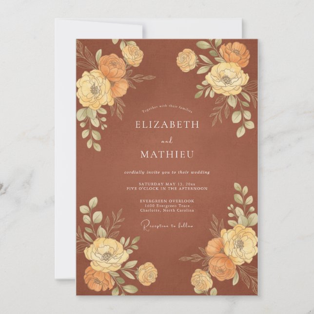 Convites Casamento de Ranunculus Eucalipto Dourado Terracot (Frente)