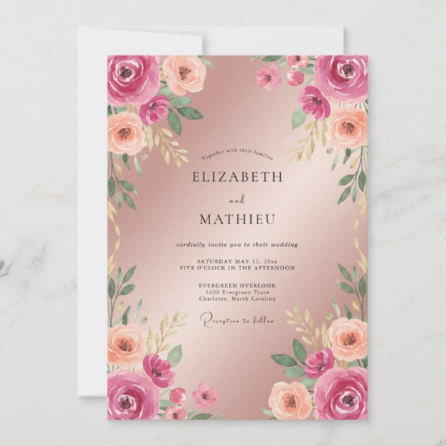 Convites Casamento de Ranunculus Eucalipto e Champanhe Fuch (Frente)