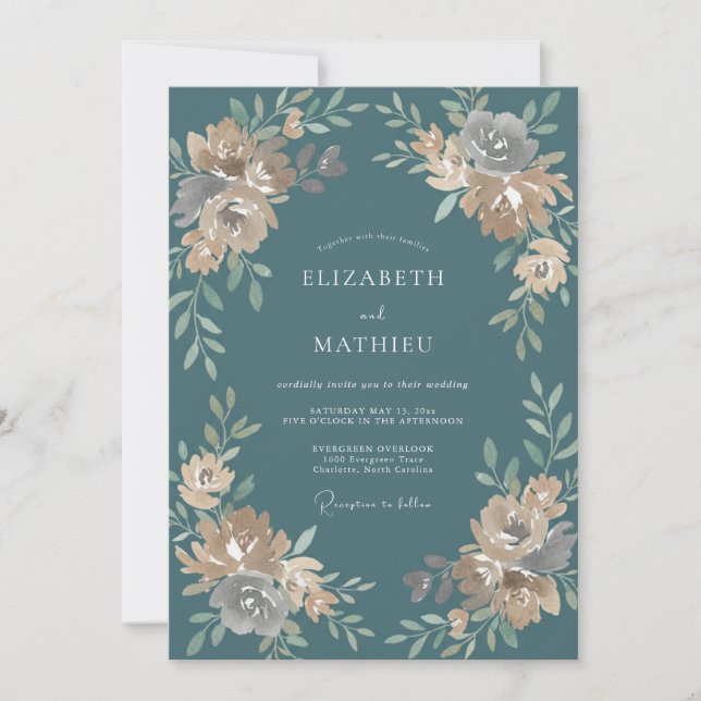 Convites Casamento de Ranunculus Eucalipto em Aço Verde-águ (Frente)